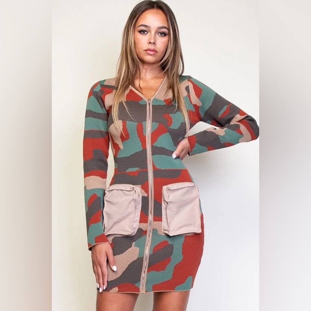 Rehab Lab | Zip Front Camo Army Military Style Bodycon Dress w/ Cargo Pockets - Picture 2 of 10